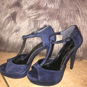JESSICA SIMPSON T-STRAP BLUE SUEDE PEEP TOE HEELS